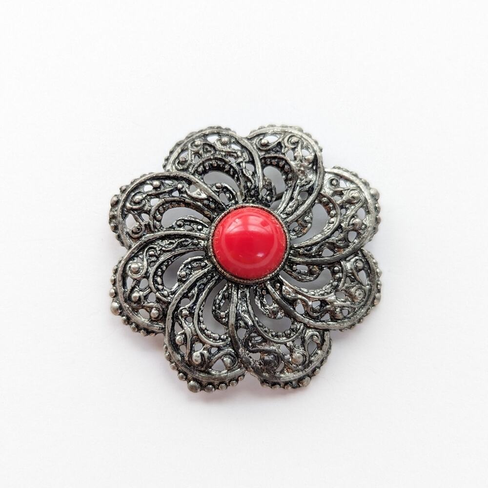 Antique Victorian Faux Coral Cabochon Floral Silver Tone Filigree Brooch